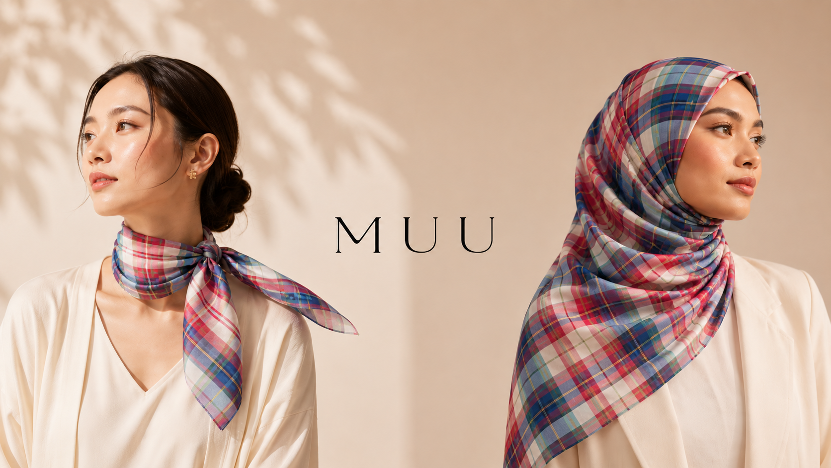 MUU check scarf styled as a neck scarf, shoulder wrap, bag accent and hijab