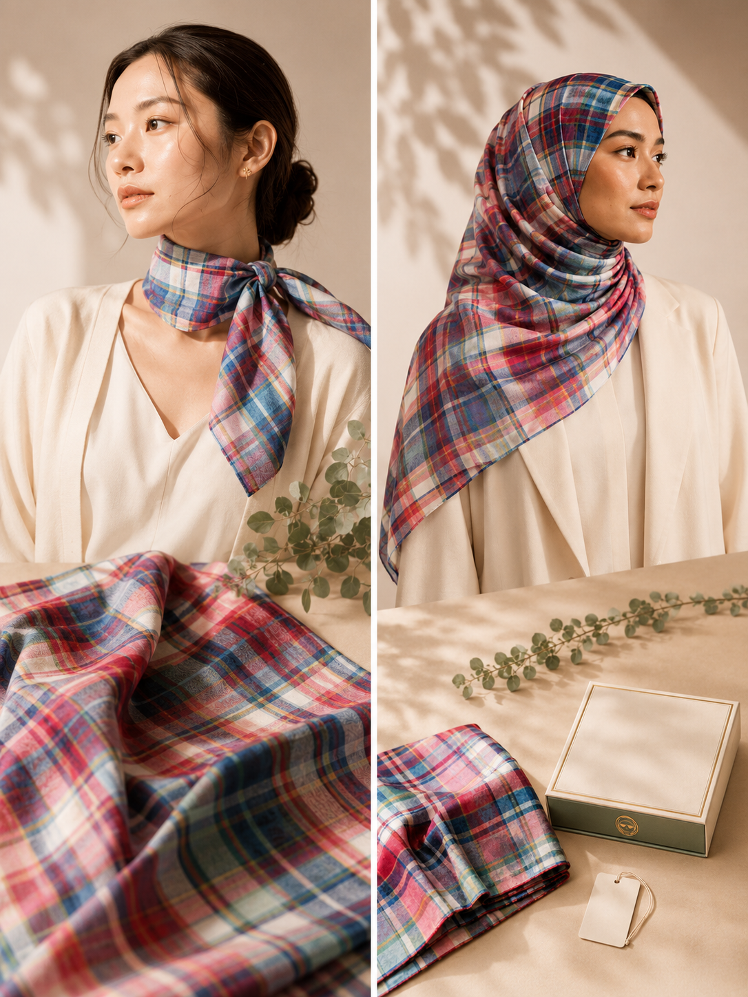MUU scarf shown in multiple styling arrangements